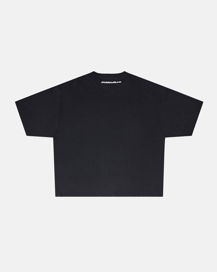 KEEP CALM TEE BLACK - black graphic print tee, back view - Cold Culture
