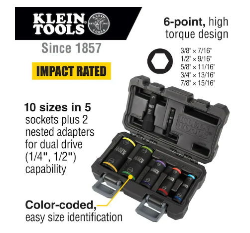Klein Tools 1/4" Hex, 1/2" Square; 3/8 x 7/16", 1/2 x 9/16", 5/8 x 11/16", 3/4 x 13/16", and 7/8 x 15/16" Drive