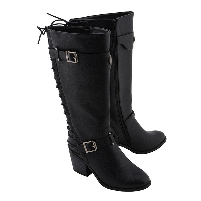 Ladies Back End Laced Boot: Description
Ladies calf lace boot with buckles for adjustment and a snakeskin patter under the la