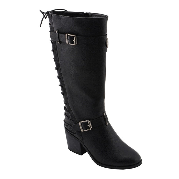 Ladies Back End Laced Boot: Description
Ladies calf lace boot with buckles for adjustment and a snakeskin patter under the la