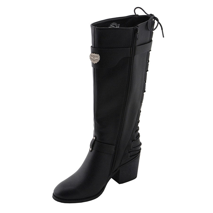 Ladies Back End Laced Boot: Description
Ladies calf lace boot with buckles for adjustment and a snakeskin patter under the la