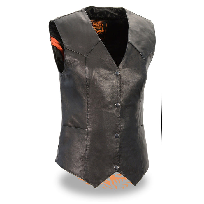 Ladies Basic Vest: Features:

Premium Goatskin Leather
Classic Four Snap Front Look
Two Lower Front Pockets
Dual Inside Conce