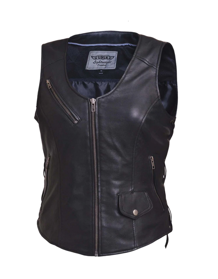 Ladies CC Lambskin Vest: Features:

Ladies PREMIUM Zippered vest in soft
lightweight leather
4 exterior &amp; 2 interior pock