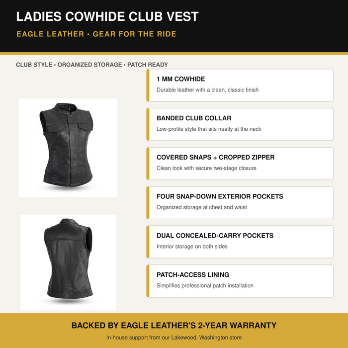 Eagle Leather Ladies Cowhide Club Vest features and benefits overview