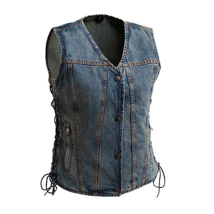 Ladies Tiff Blue Denim Vest: The Tiff is a women’s lightweight vest with V-neck made in our comfy Washed Denim