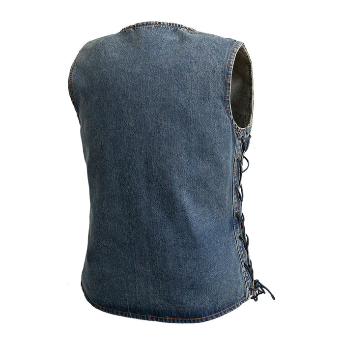 Ladies Tiff Blue Denim Vest: The Tiff is a women’s lightweight vest with V-neck made in our comfy Washed Denim