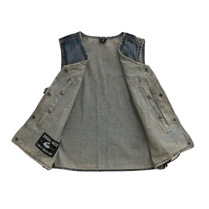 Ladies Tiff Blue Denim Vest: The Tiff is a women’s lightweight vest with V-neck made in our comfy Washed Denim