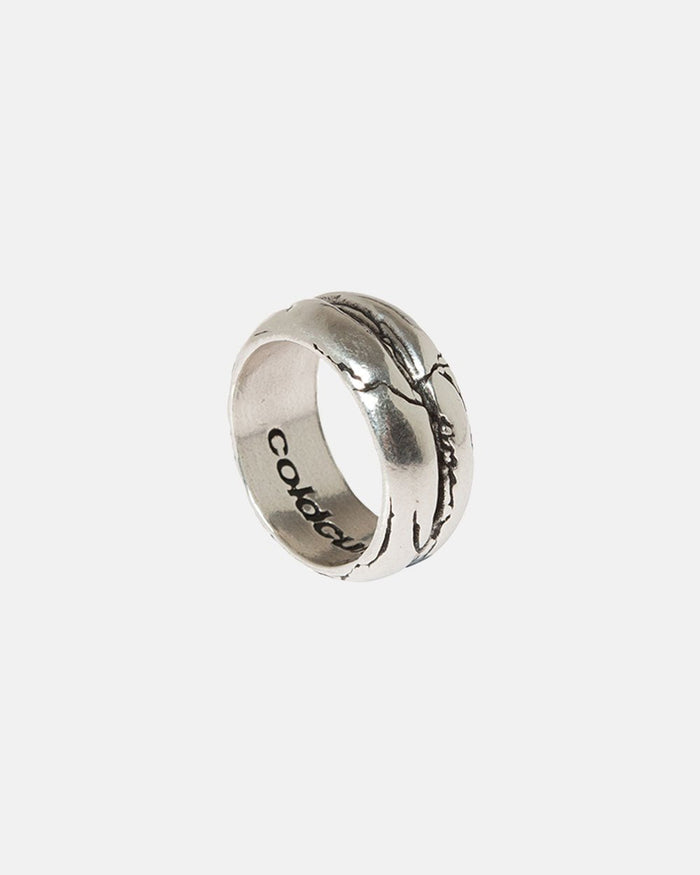 LAVA RING - silver textured band ring, front view - Cold Culture