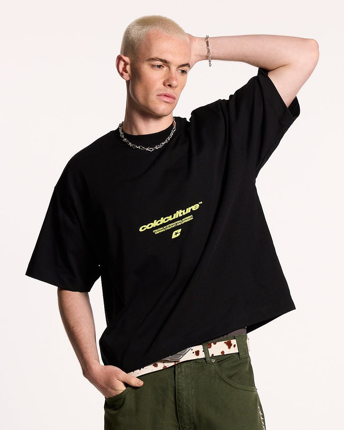 LET'S BOUNCE TEE BLACK - black graphic print tee, front view on male model - Cold Culture #man