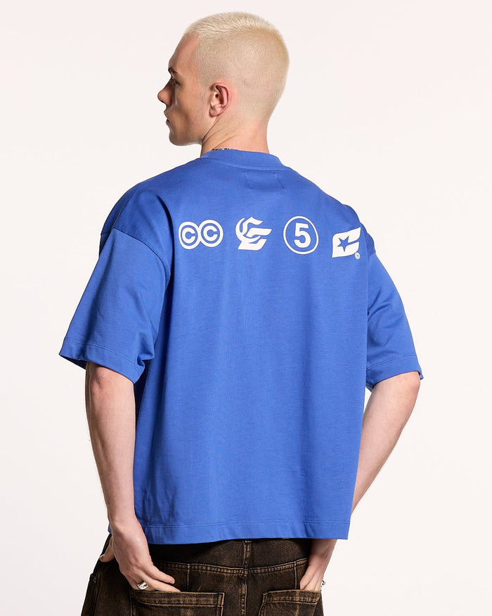 LET'S BOUNCE TEE BLUE - blue graphic print tee, back view on male model - Cold Culture #man