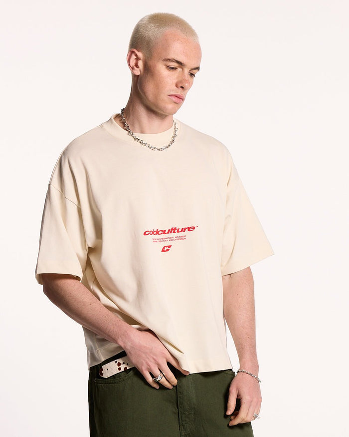 LET'S BOUNCE TEE WHITE - white graphic print tee, front view on male model - Cold Culture #man