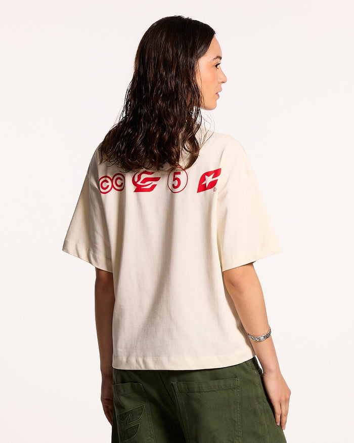 LET'S BOUNCE TEE WHITE - white graphic print tee, back view on female model - Cold Culture #woman