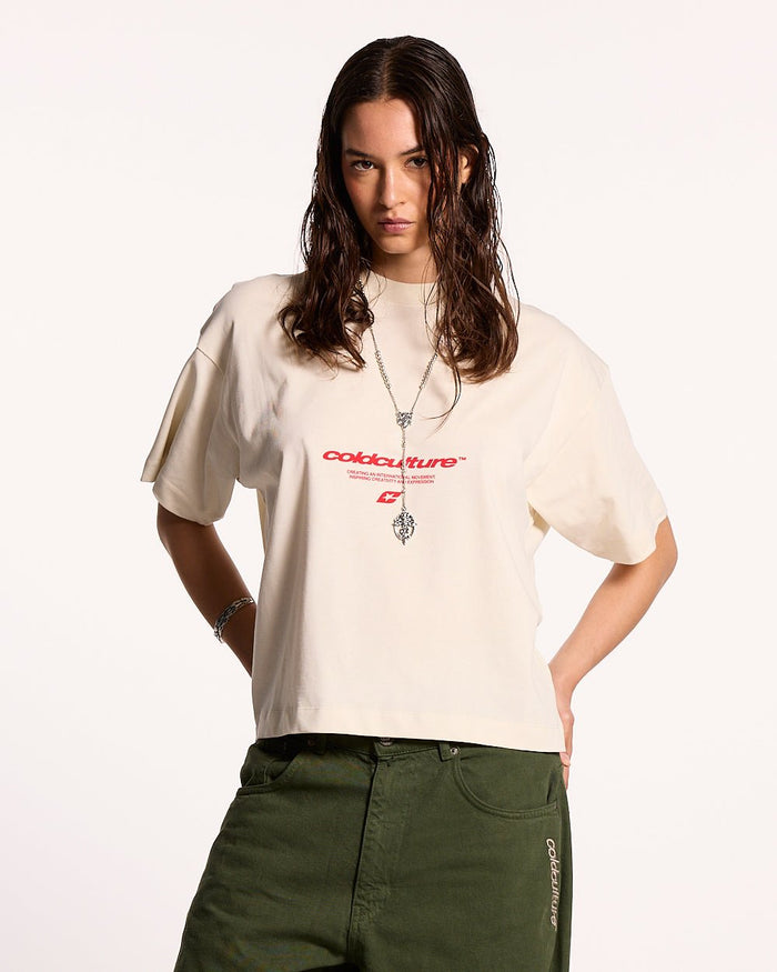 LET'S BOUNCE TEE WHITE - white graphic print tee, front view on female model - Cold Culture #woman