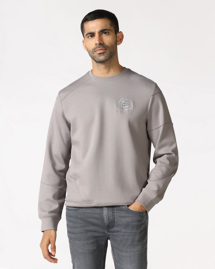 Light Grey Crew Neck Solid Sweatshirt - Dapper
