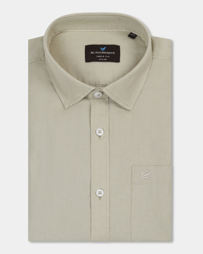 Light Olive Half Sleeve Linen Solid Shirt - Cleo