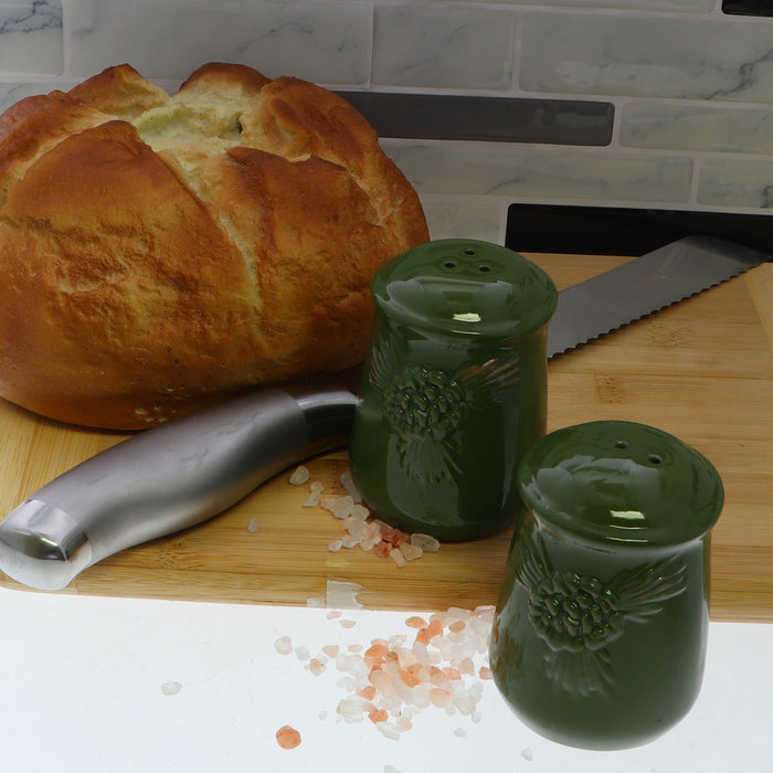 lodge style with green pine salt and pepper shakers