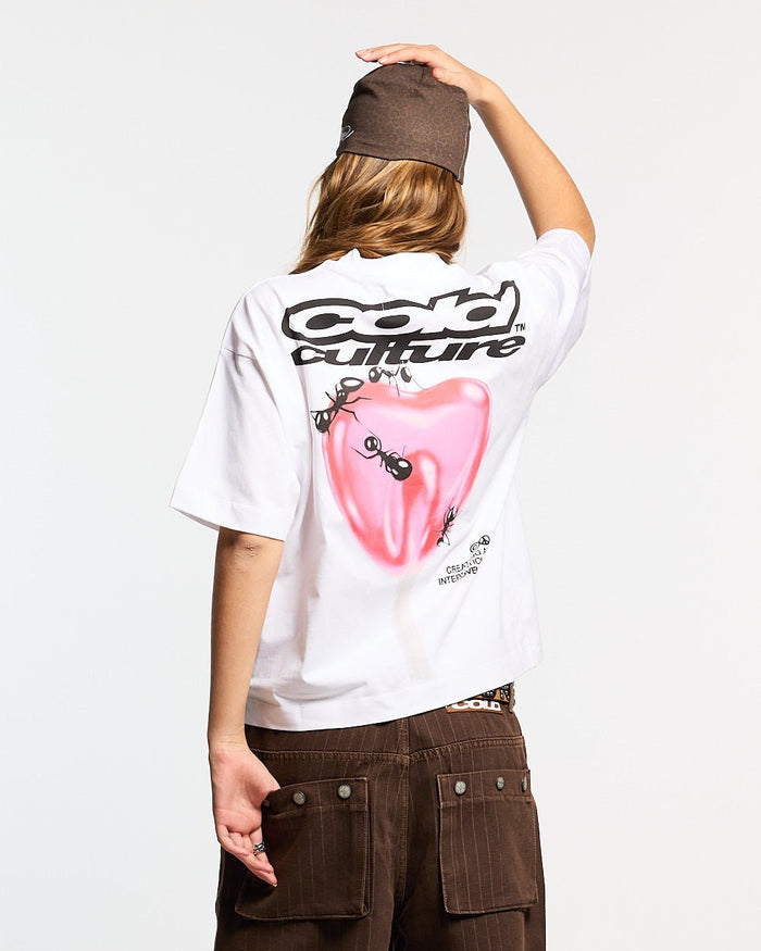 LOLLIPOP TEE WHITE - white oversized graphic tee, back view on female model - Cold Culture #woman