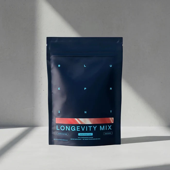Dark blue package labeled 'Longevity Mix' on a light gray background