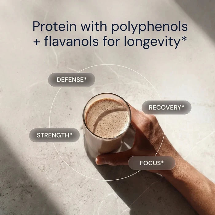 Hand holding a glass of protein shake with health benefits text on a light background