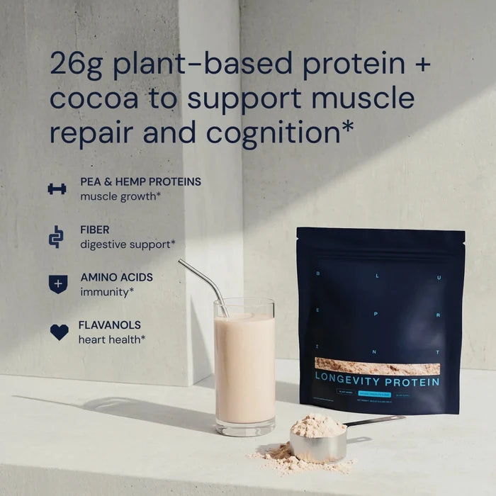 Longevity Protein package with a glass of protein shake and ingredients on a light background