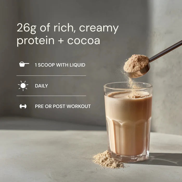 Glass of protein shake with cocoa powder being added, text about protein content and usage.