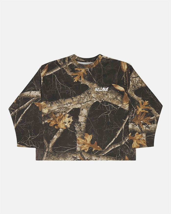 LONGSLEEVE REALTREE BLACK - black camo longsleeve tee, front view - Cold Culture