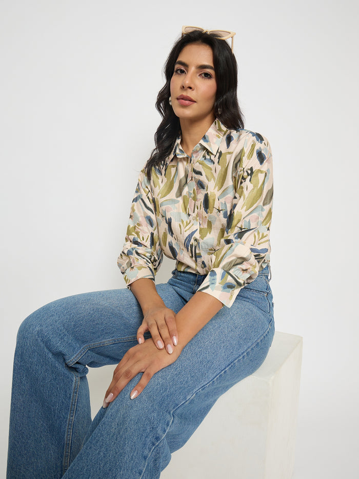 Madame Abstract Print Olive Green Rayon Blend Shirt