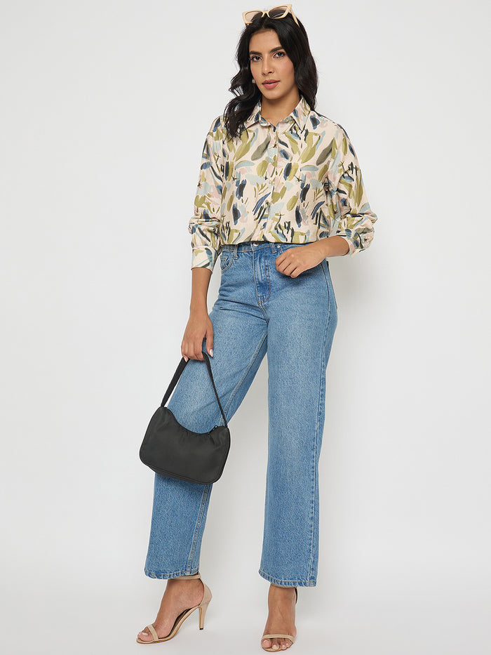 Madame Abstract Print Olive Green Rayon Blend Shirt
