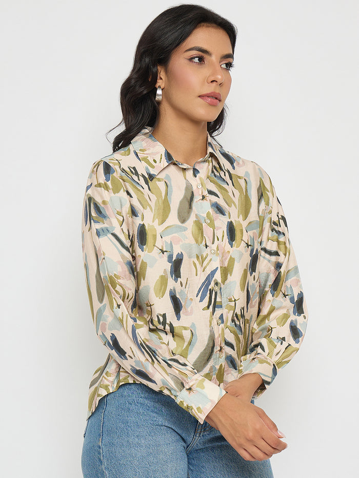Madame Abstract Print Olive Green Rayon Blend Shirt