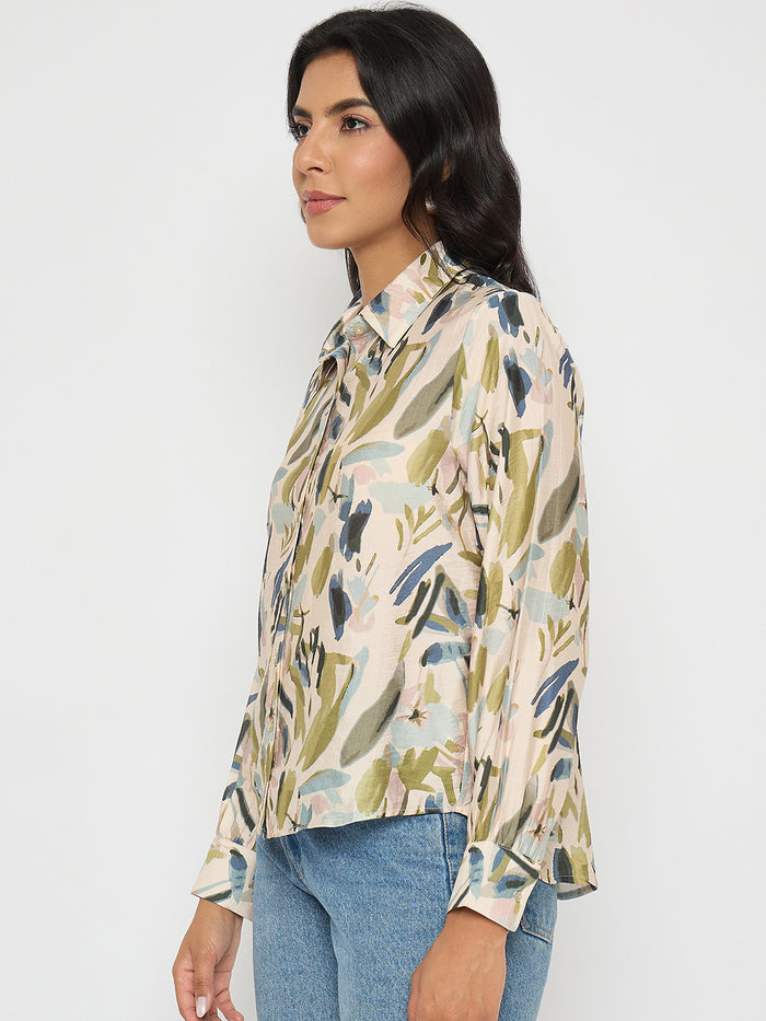 Madame Abstract Print Olive Green Rayon Blend Shirt