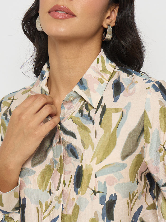 Madame Abstract Print Olive Green Rayon Blend Shirt