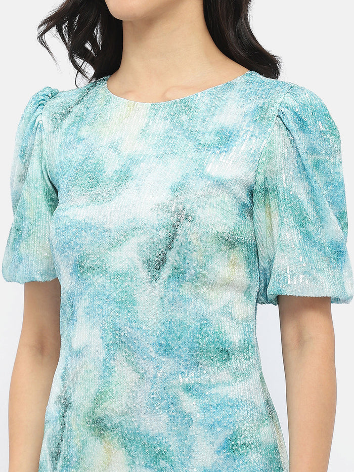 Madame Abstract Print Sky Blue Shimmery Dress