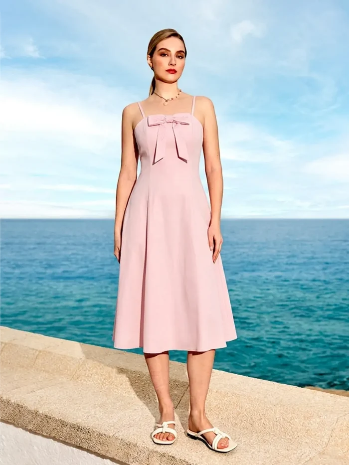 Woman in a pink dress standing by the ocean with a clear blue sky.