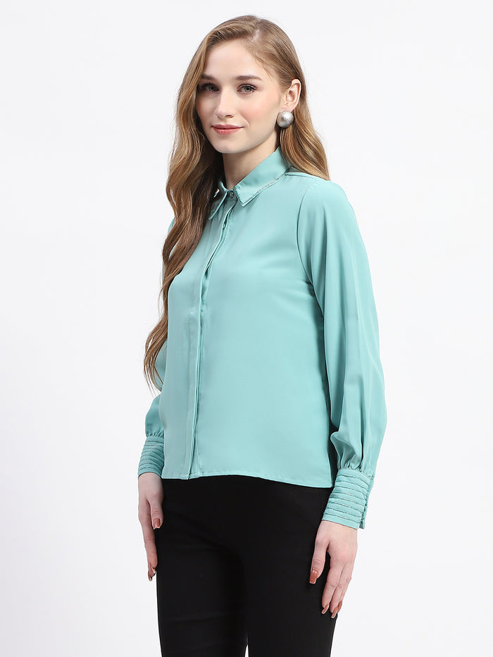 Madame Cuffed Sleeve Solid Mint Green Shirt