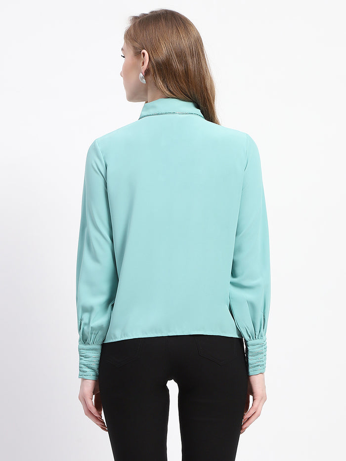 Madame Cuffed Sleeve Solid Mint Green Shirt