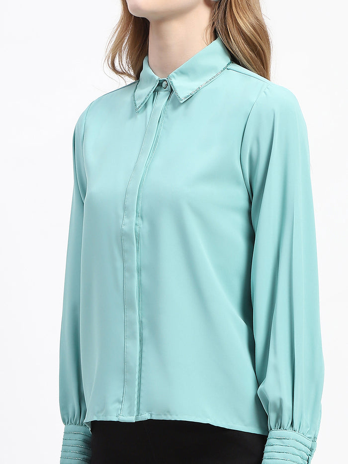 Madame Cuffed Sleeve Solid Mint Green Shirt