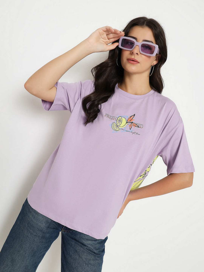 Madame Front and Back Graphic Print Lilac Cotton T-Shirt