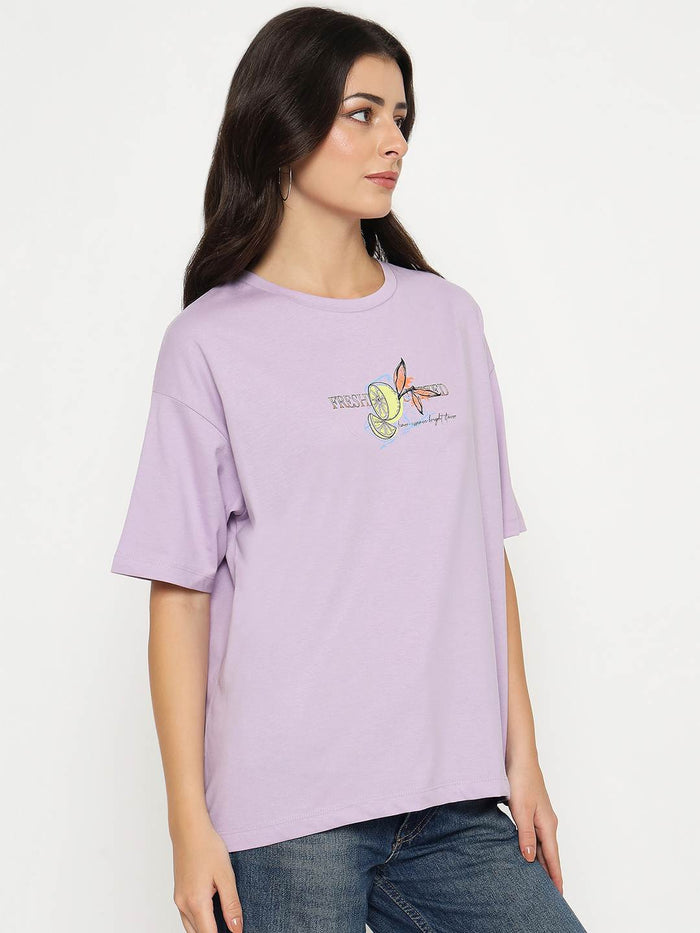 Madame Front and Back Graphic Print Lilac Cotton T-Shirt