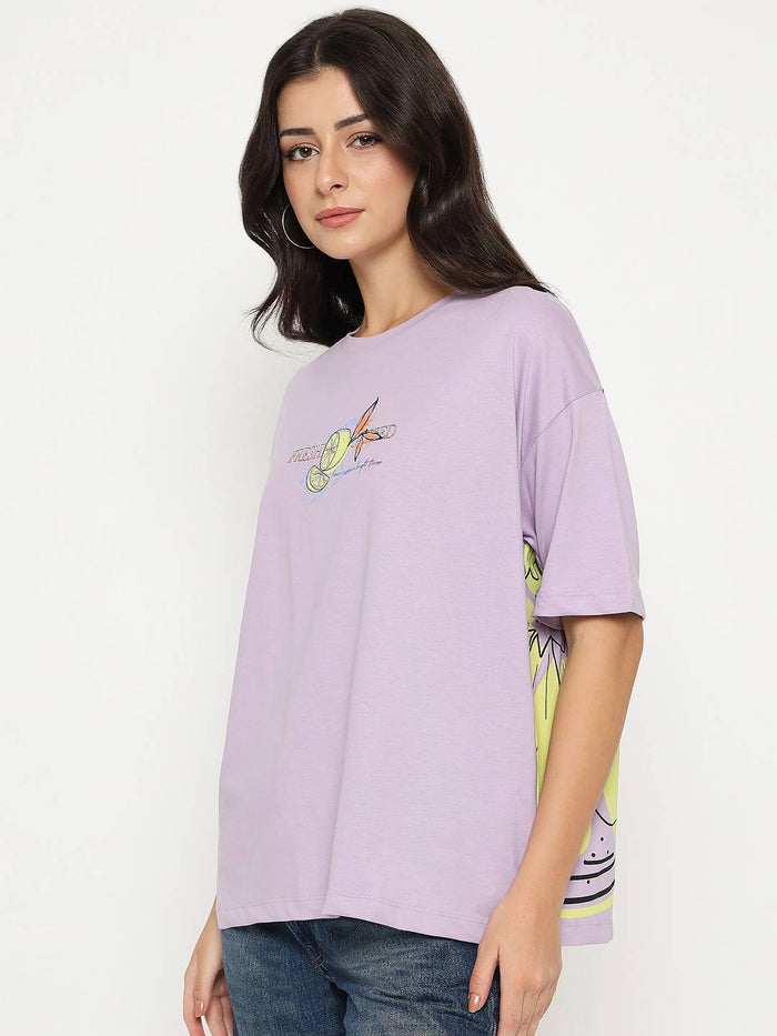 Madame Front and Back Graphic Print Lilac Cotton T-Shirt