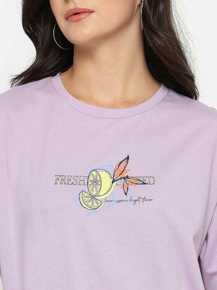 Madame Front and Back Graphic Print Lilac Cotton T-Shirt