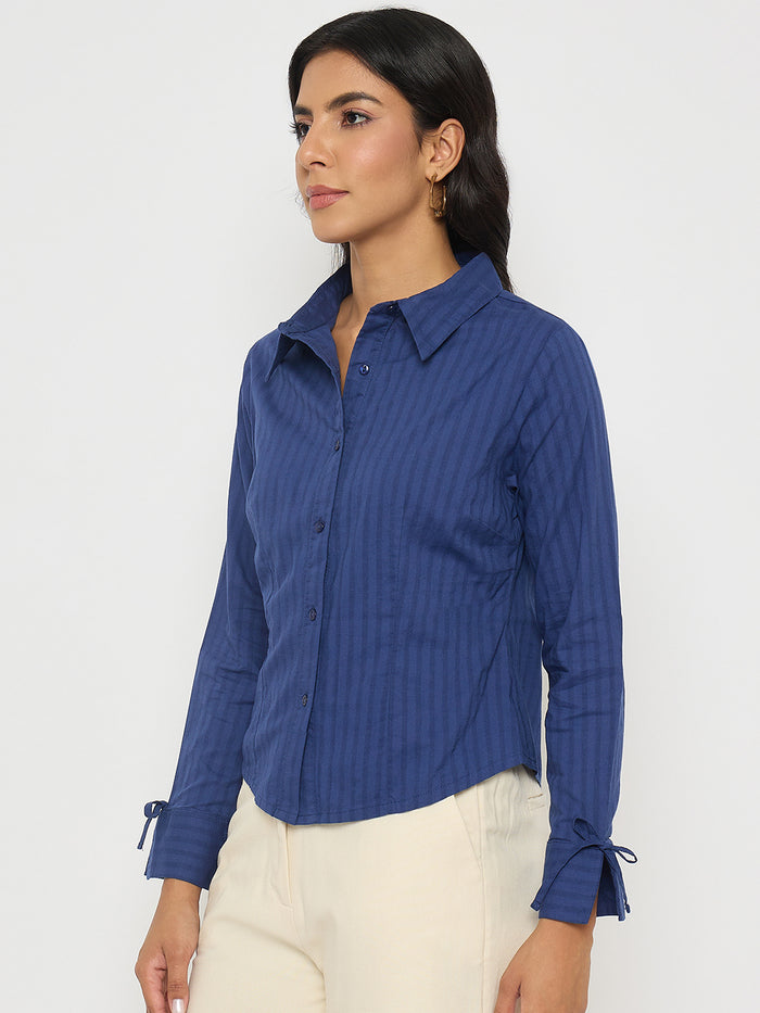 Madame Striped Solid Navy Cotton Shirt