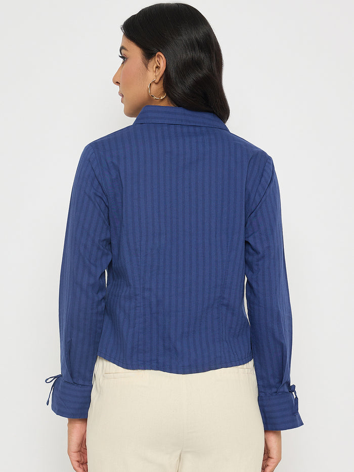Madame Striped Solid Navy Cotton Shirt