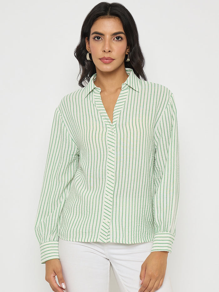 Madame Textured Green Striped Shirt