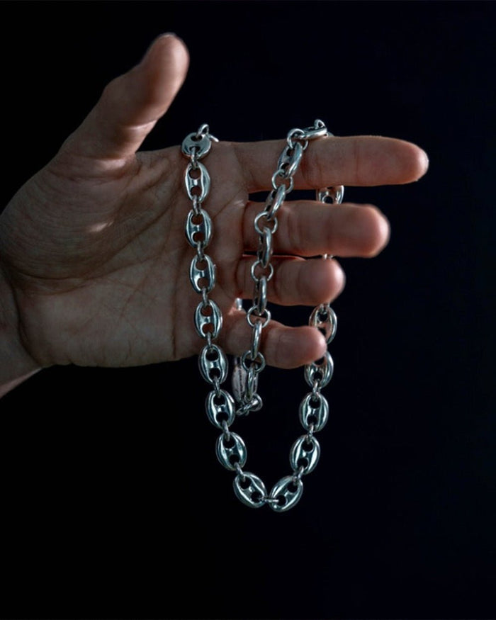 MARINE CHAIN - chunky silver chain necklace, detail in hand - Cold Culture