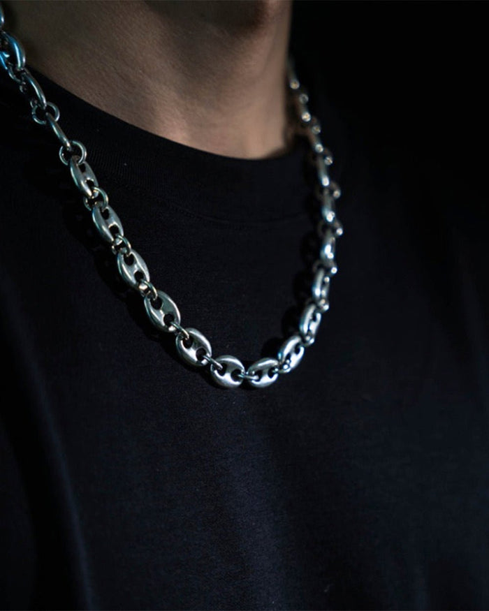 MARINE CHAIN - chunky silver chain necklace, on model close-up - Cold Culture