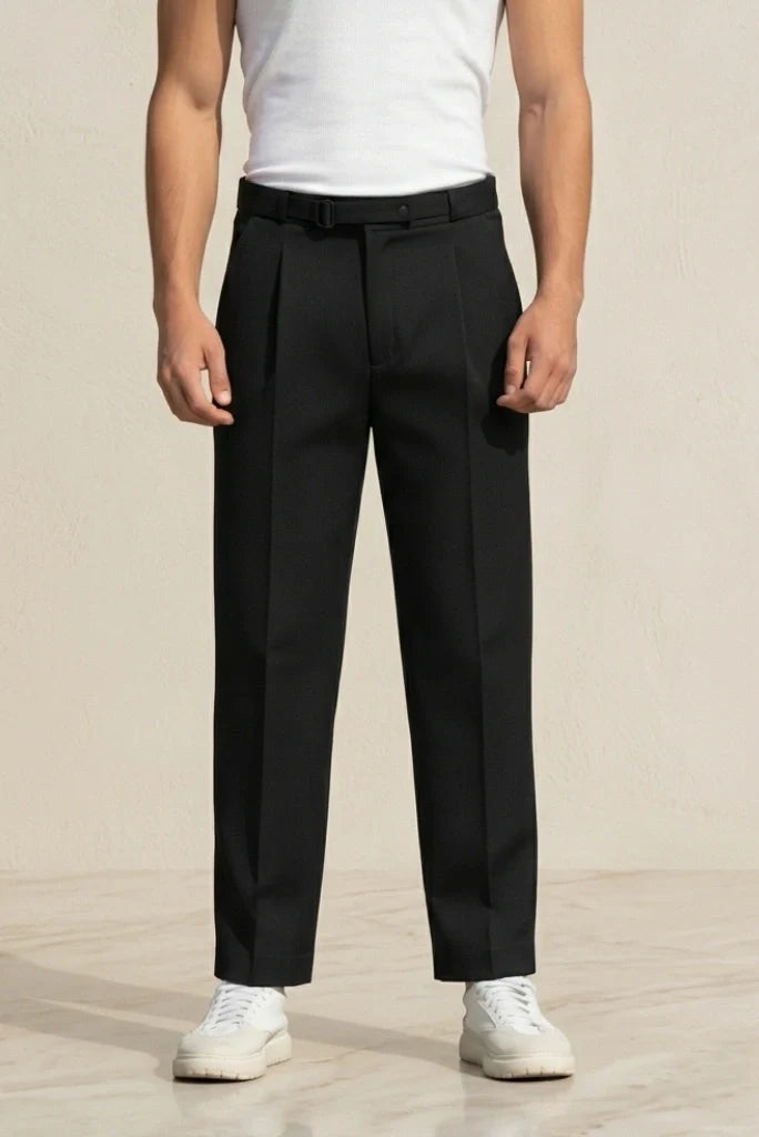 Men Black Pleated Trouser-Front