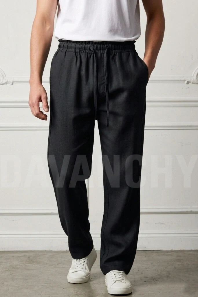Men Black Linen Summer Pant-Front