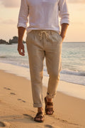 Men's Cream Linen Casual Pant-Front