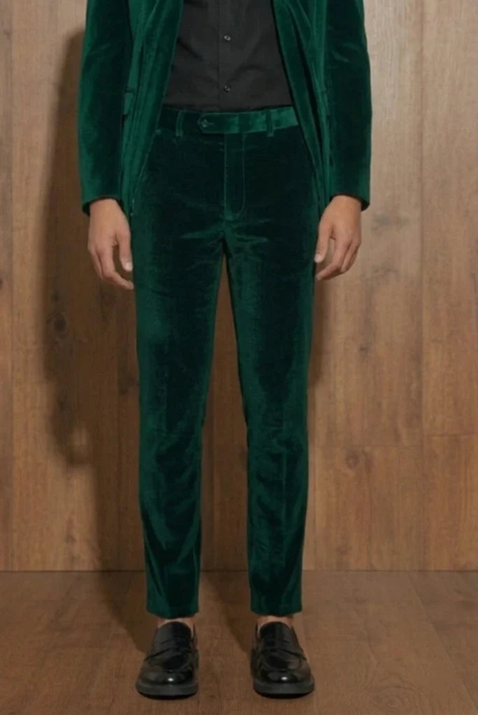 Men Emerald Green Velvet Formal Trouser-Front