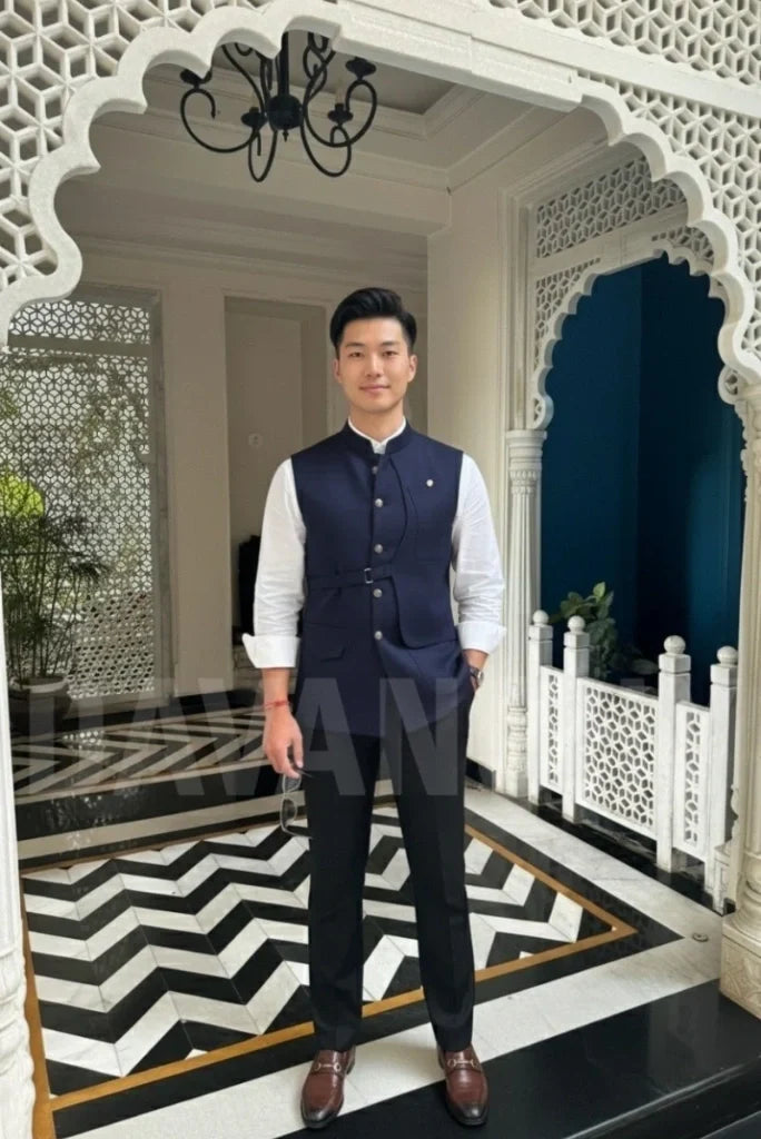 Navy blue nehru jacket men-Front